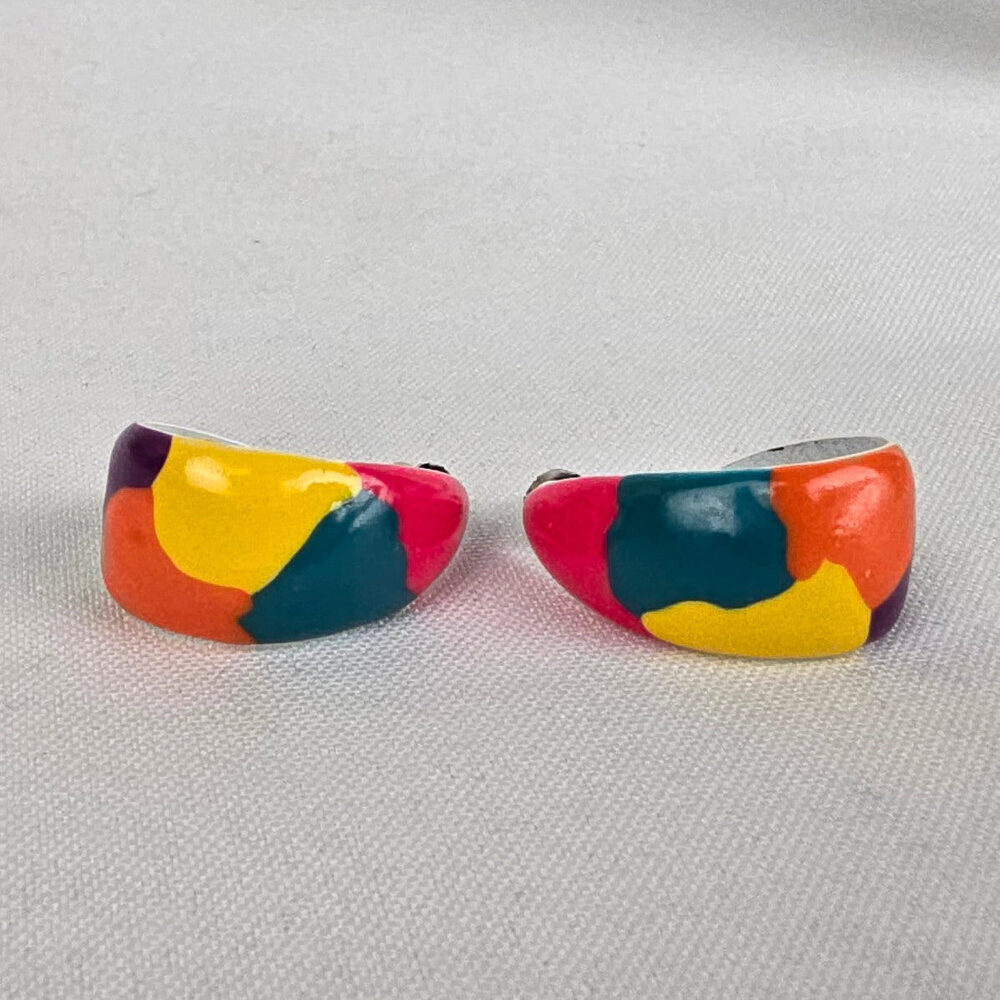 Vintage 90s Colorful Painted Metal Hoop Earrings
